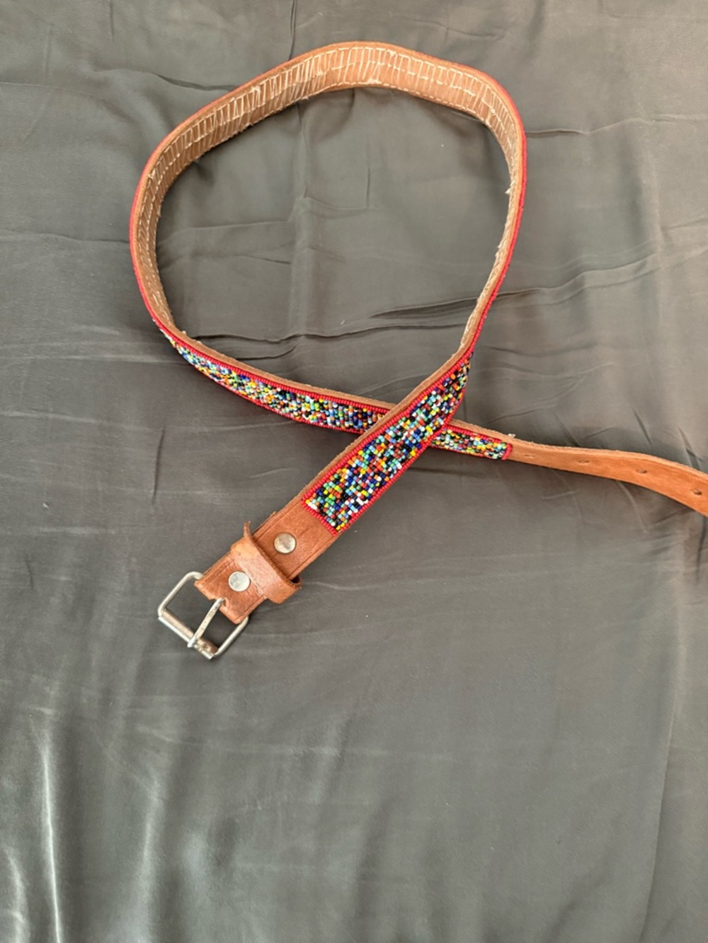 Brown Leather Women's Belt with Colorful Beaded Detail
